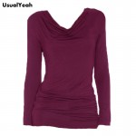 2017 Women Cowl Neck t-shirt Tops Autumn Long Sleeve Side Nudos Solid Causal T Shirt Camisetas Feminina Wine S M L XL