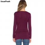 2017 Women Cowl Neck t-shirt Tops Autumn Long Sleeve Side Nudos Solid Causal T Shirt Camisetas Feminina Wine S M L XL