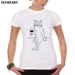 2017 Women Fashion sexy cat drink wine T shirt Novelty Tops Lady custom Printed Short Sleeve Harajuku Tees px529