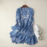 2017 Women Floral Embroidered Tencel Denim Dress O Neck Long Sleeve Casual Summer Dress brand vestido bordado Plus Size APWM113