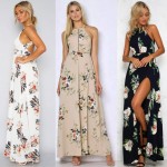 2017 Women Halter Neck Chiffon Dress Floral Print Sleeveless Split Backless Long Dress Elegant Hollow Out Beach Maxi Boho Dress