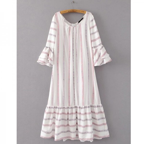 2017 Women Mixed-color Striped Maxi Dress O Neck Butterfly Sleeve Sundress Casual Cotton Linen Summer dresses SYJZ0884 