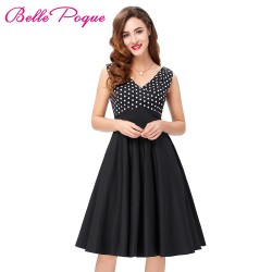 2017 Women Patchwork Dress Summer Sleeveless V Neck Knee Length Robe Vintage Cothing Polka Dot Print 50s Rockabilly Dresses