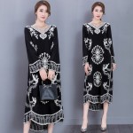 2017 Women's New Embroidery Cotton Big Size Long Dress Loose Dress Retro Black Printing Dress