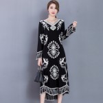 2017 Women's New Embroidery Cotton Big Size Long Dress Loose Dress Retro Black Printing Dress