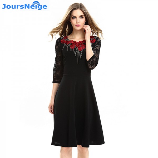 2017 Womens New Fashion Embroidery Vintage Three V Neck A-Line Dresses Wear To Work Bodycon Dress Vestidos Plus Size Lace Dress