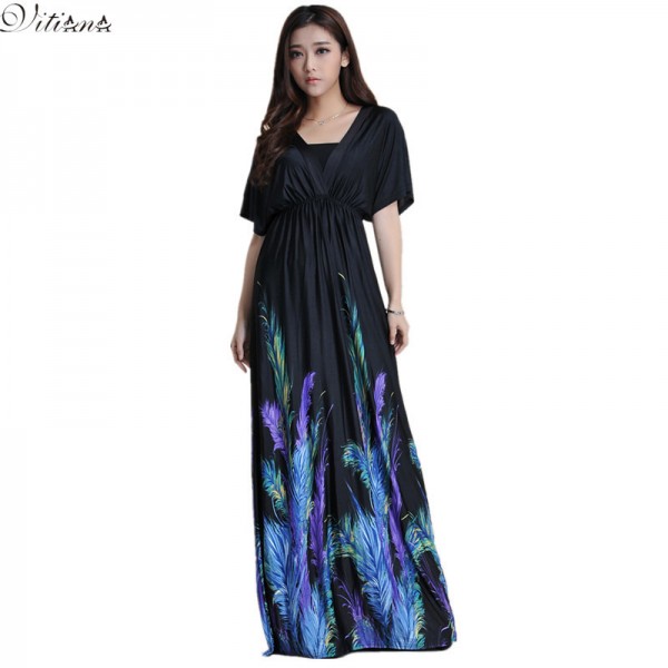 2017 Womens Summer Elegant Boho Beach Clothing Ladies Bohemian Print Maxi Long Dress Plus Size 5XL 6XL  Vestidos