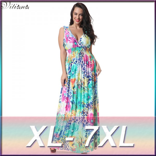 2017 Womens Summer Elegant Boho Beach Clothing Ladies Bohemian Print Maxi Long Dress Plus Size 6XL 7XL Vestidos 6041