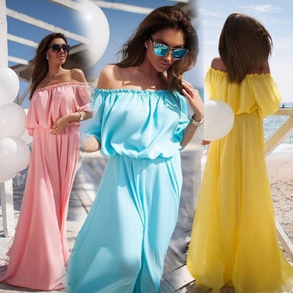 2017 Yellow Long Dress Floor Long Sundresses Beach Long Chiffon Dresses Sundresses Pink Chiffon Dress Off Shoulder Yellow Dress