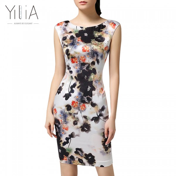 2017 Yilia Floral Print Dress Women Elegant Vintage Chinese Ink Printed Bodycon Dress 4XL Sexy Sleeveless Plus Size Mini Dress