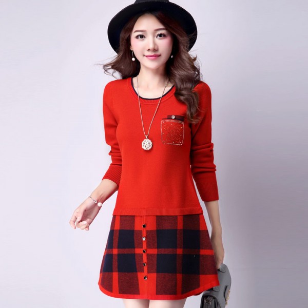 2017 autumn and winter women long-sleeved knit dress A dress Korean version was thin sweater and long sections plaid dress