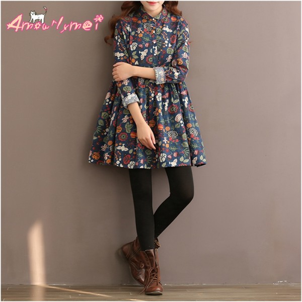 2017 autumn new large size women clothing casual loose plus size dress cotton flower pront long sleeve vintage dresses female