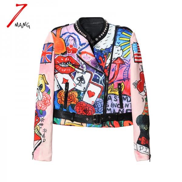 2017 autumn winter women street cartoon graffiti printing space cotton short jacket long sleeve slim rivet stand neck coat