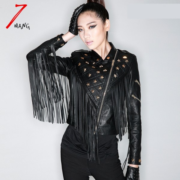 2017 autumn women's street style star rivet leather lapel jacket with zipper and tassel