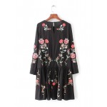2017 brand spring women vintage long sleeve flower floral embroidery black elegant  vestidos casual loose O Neck ruffle dresses