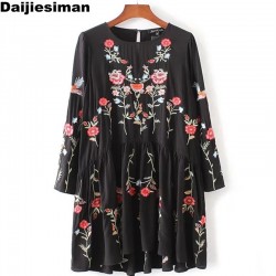 2017 brand spring women vintage long sleeve flower floral embroidery black elegant  vestidos casual loose O Neck ruffle dresses