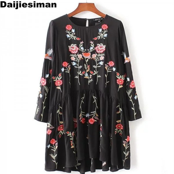 2017 brand spring women vintage long sleeve flower floral embroidery black elegant  vestidos casual loose O Neck ruffle dresses