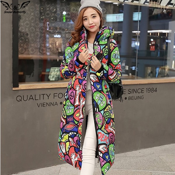 2017 high quality winter extra long  jacket women's Thicken down cotton coat female outerwear Hooded fashion printing coats