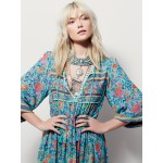 2017 hot sale women's tassel irregular print dress bohe style blue long dresses printed loose pretty dress V-neck beach dress