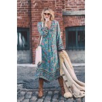 2017 hot sale women's tassel irregular print dress bohe style blue long dresses printed loose pretty dress V-neck beach dress