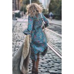 2017 hot sale women's tassel irregular print dress bohe style blue long dresses printed loose pretty dress V-neck beach dress