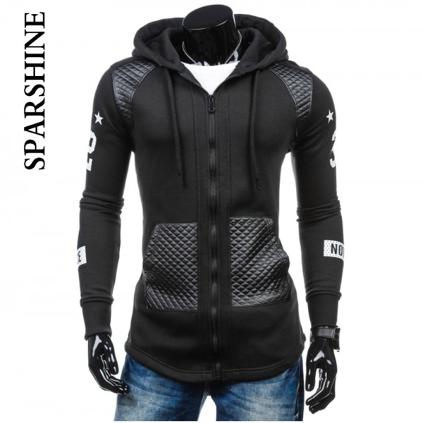 2017 leather patchwork Mens Hoodies And Sweatshirts Oversized Hombre Hip Hop Men Hooded Sweatshirt Hoodies Zipper Streetwear