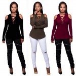 2017 new Trendy Womens Tops Long Sleeve Deep V Neck Cross Lace Up Slim Sexy Women T Shirt Hollow Out Tee Top poleras de mujer