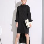 2017 new spring big size shirt for women black Back stitching Pressure pleated chiffon long shirt dress black white 4C0271