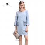 2017 spring autumn new women's pocket tassels fringed pink black khaki blue faux suede dress long sleeve real photo