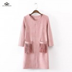 2017 spring autumn new women's pocket tassels fringed pink black khaki blue faux suede dress long sleeve real photo