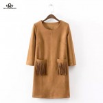 2017 spring autumn new women's pocket tassels fringed pink black khaki blue faux suede dress long sleeve real photo