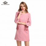 2017 spring autumn new women's pocket tassels fringed pink black khaki blue faux suede dress long sleeve real photo