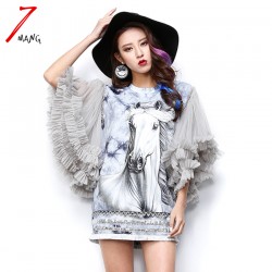 2017 spring summer women cute strange harajuku gray half mesh butterfly mesh sleeve animal horse printing mini girl dress