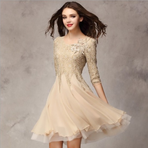 2017 spring summer women's fashion organza dress knee length lace bottom expansion one-piece dress wedding party dress