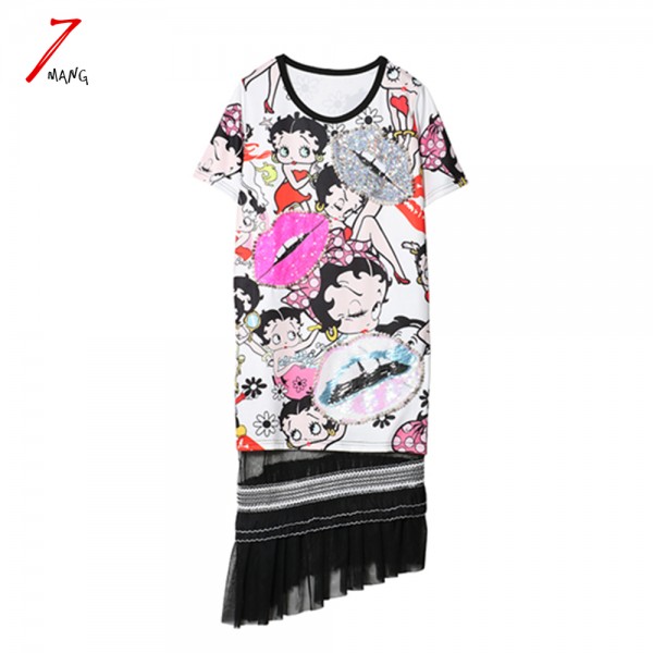 2017 spring women novelty cute cartoon sequins mesh mermaid dress loose patchwork pearl beading short sleeve dress