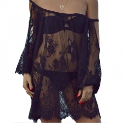 2017 summer Women Sexy Beach Wear dresses Crochet Lace up Sheer slip Dress White Black Female Hippie outing output