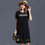 2017 summer women letter print casual dress XL-5XL plus size O neck women chiffon black dresses with sash