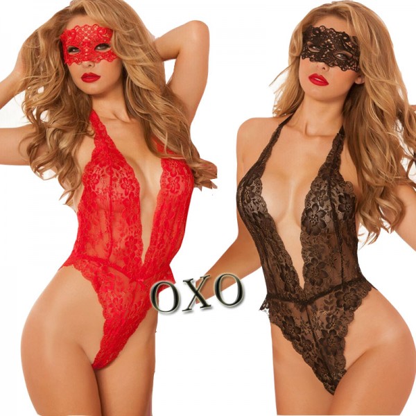 2017 valentine's day sexy lingerie hot Red black lace deep_v neck teddy sexy underwear erotic lingerie lenceria sexy costumes