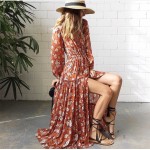 2017 women spring dress brand maxi long dresses floral printing elegant boho vestidos dress long sleeve ruffles holiday dress 