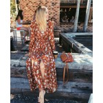 2017 women spring dress brand maxi long dresses floral printing elegant boho vestidos dress long sleeve ruffles holiday dress 
