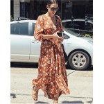 2017 women spring dress brand maxi long dresses floral printing elegant boho vestidos dress long sleeve ruffles holiday dress 
