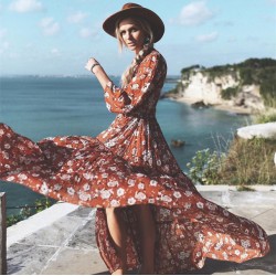 2017 women spring dress brand maxi long dresses floral printing elegant boho vestidos dress long sleeve ruffles holiday dress 