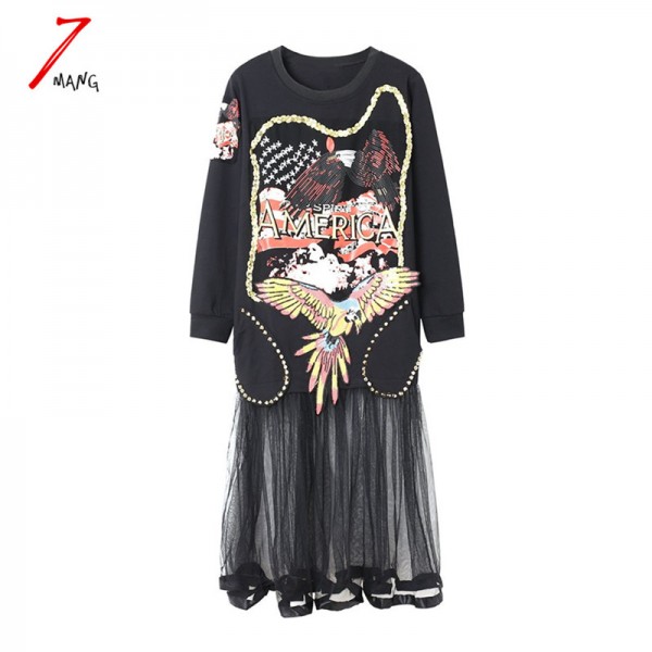2017 women strange harajuku street black rivet dress straight loose patchwork mesh printing loose dress