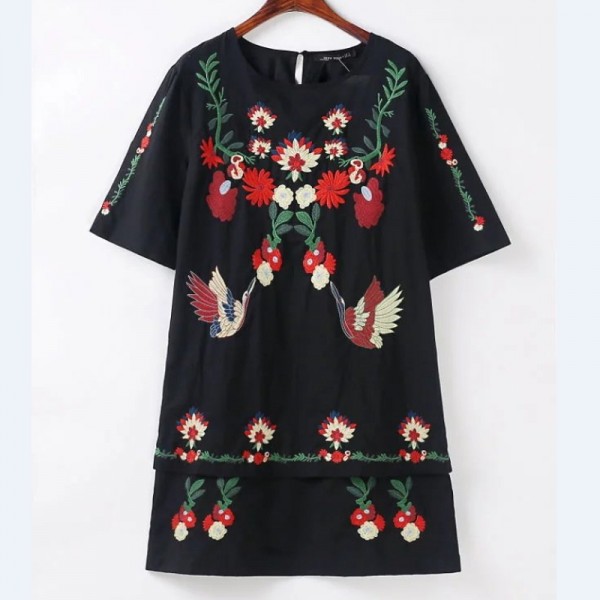 2017 women vintage national style embroidery mini black dress elegant vestidos casual two pieces short sleeve dresses  DS007
