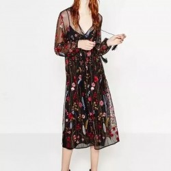 2017 women vintage v collar flower floral embroidery sexy hollow out dress elegant vestidos bow tied transparent casual dresses