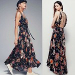 2017 women's sexy V-neck backless long dress flower printing holiday maxi dresses bohemian beach dress sleeveless elegant dress