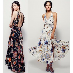 2017 women's sexy V-neck backless long dress flower printing holiday maxi dresses bohemian beach dress sleeveless elegant dress
