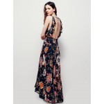 2017 women's sexy V-neck backless long dress flower printing holiday maxi dresses bohemian beach dress sleeveless elegant dress