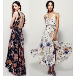 2017 women's sexy V-neck backless long dress flower printing holiday maxi dresses bohemian beach dress sleeveless elegant dress