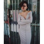 2018 Autumn Dress Women Front Button Sexy Off Shoulder Knee-Length Long Sleeve Knit Bodycon Dresses Slim Vestidos Robe Hiver